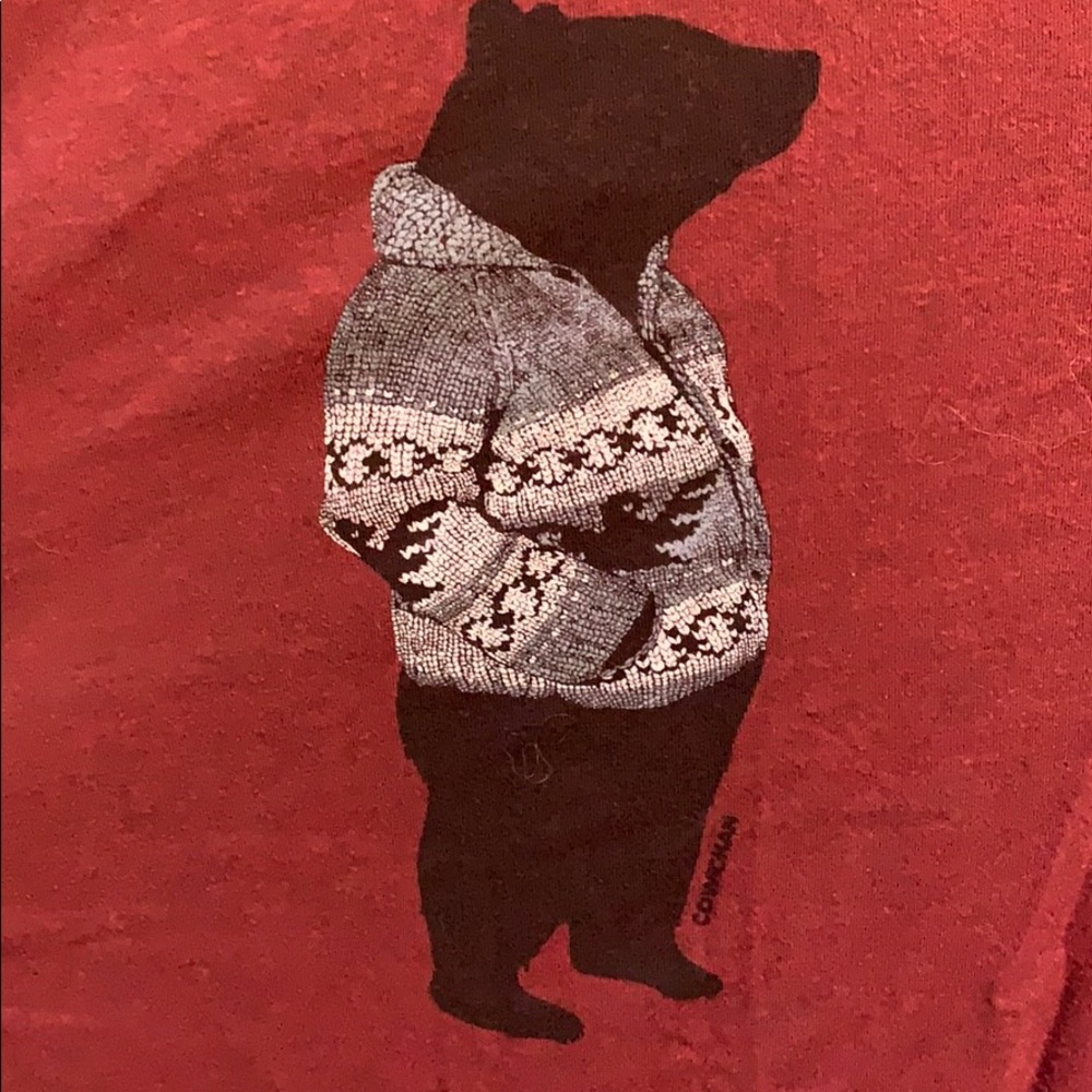 Burgundy tee with bear in a cowichan sweater